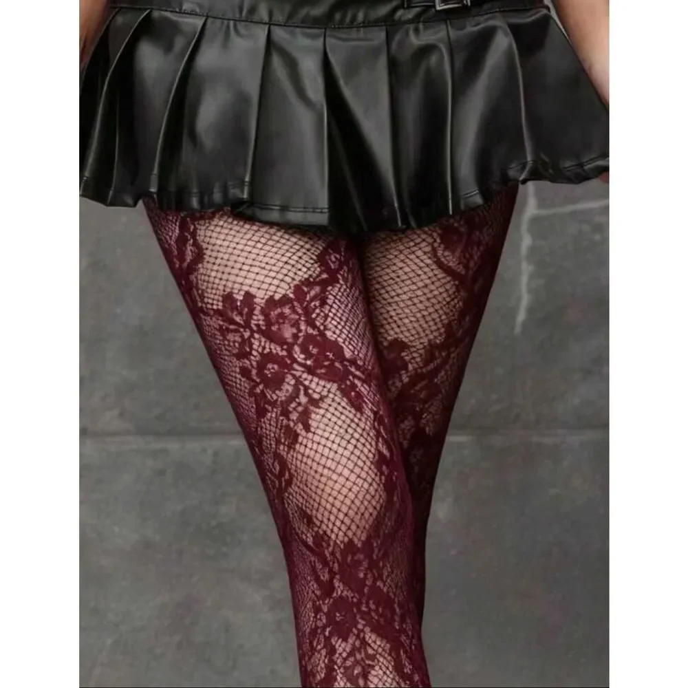 Burgundy Lace detail Fishnet tights